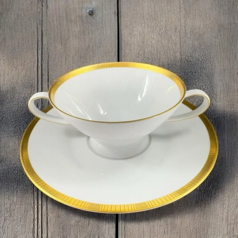 Rosenthal Germany White Gold Band Black Lines Double Handle Cup Saucer Set‎